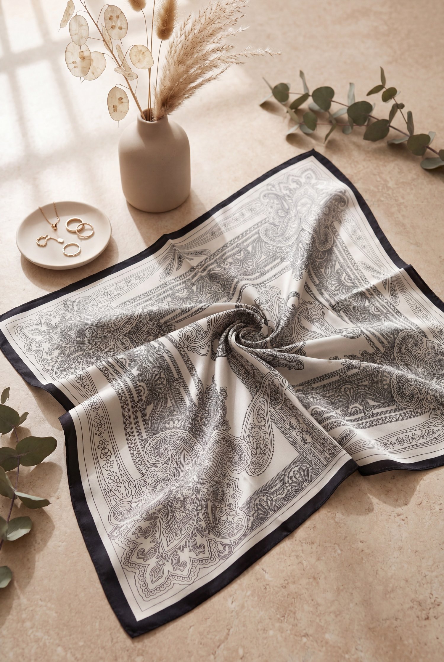 Eskiz Desenli Rayon Eşarp -Bej
