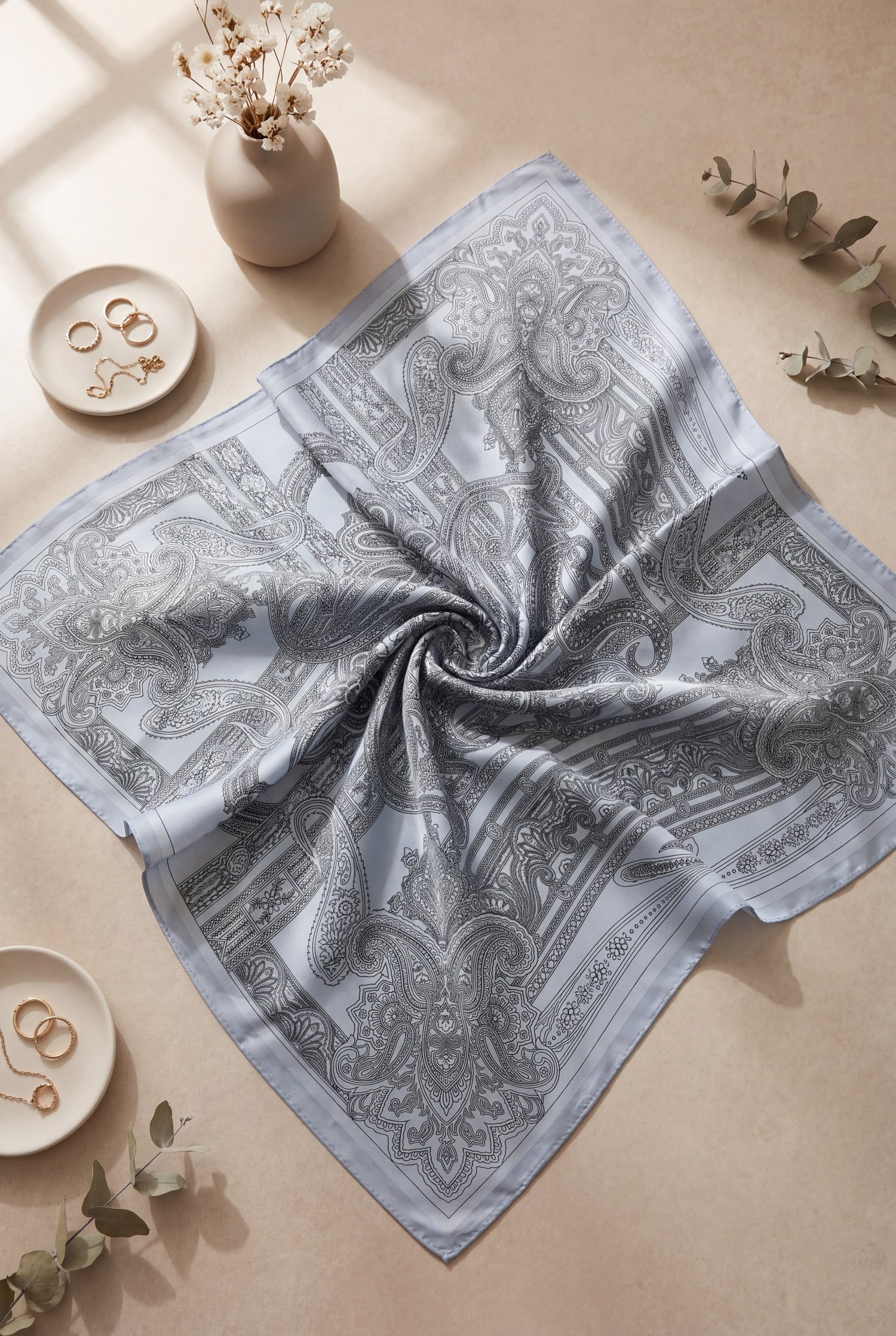 Eskiz Desenli Rayon Eşarp -Buz Mavi