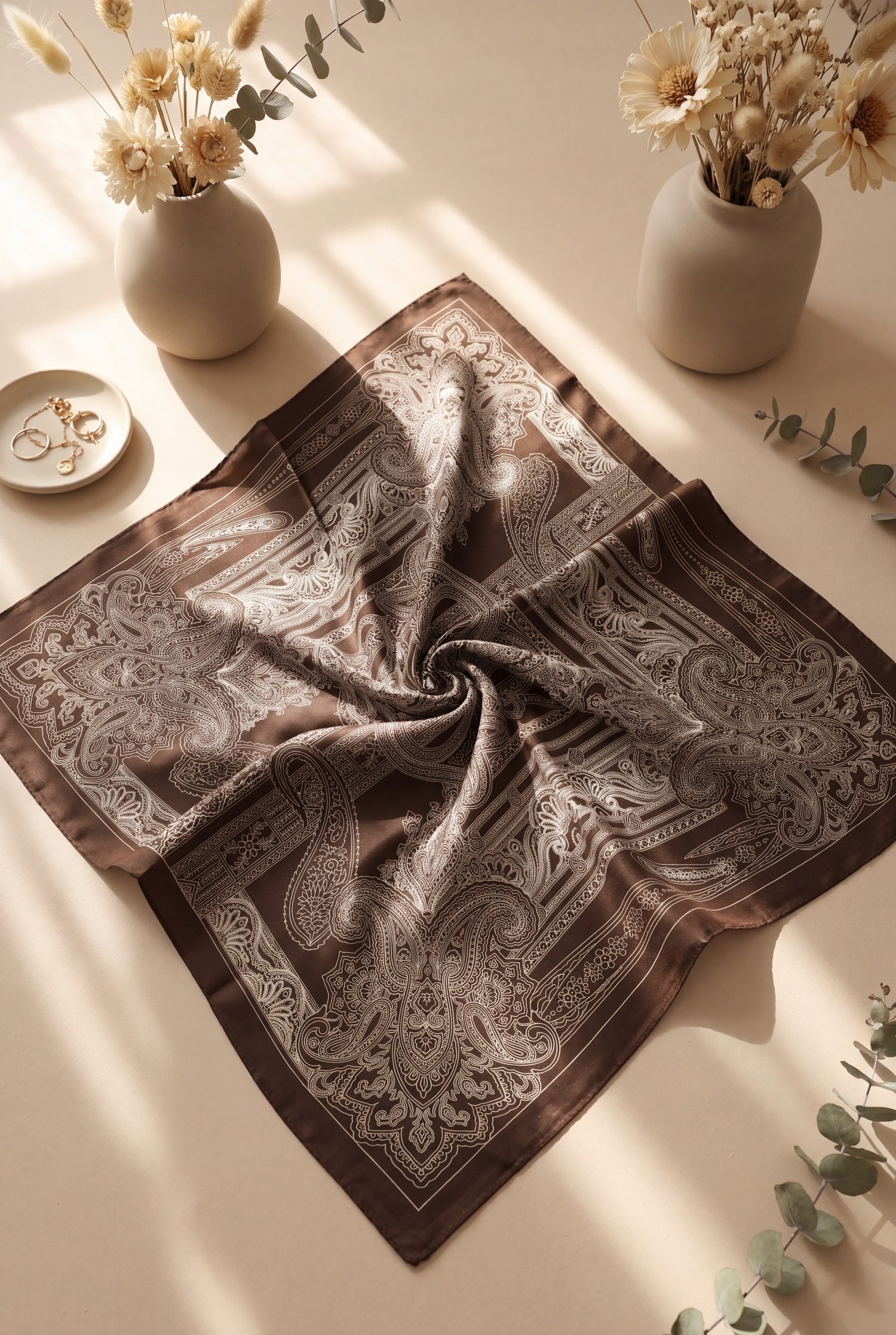 Eskiz Desenli Rayon Eşarp -Koyu Kahverengi