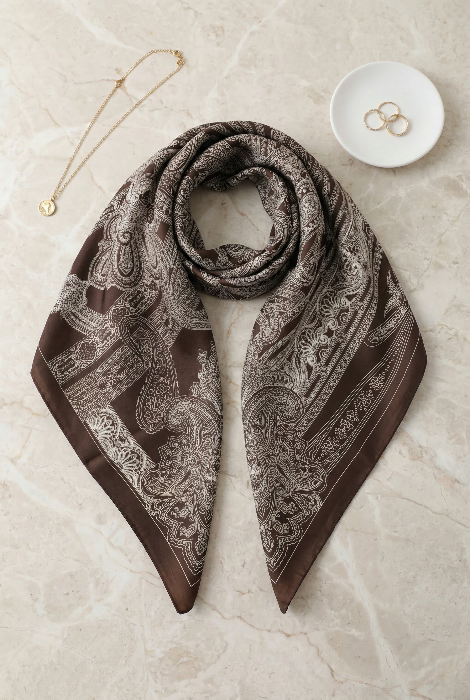 Eskiz Desenli Rayon Eşarp -Koyu Kahverengi