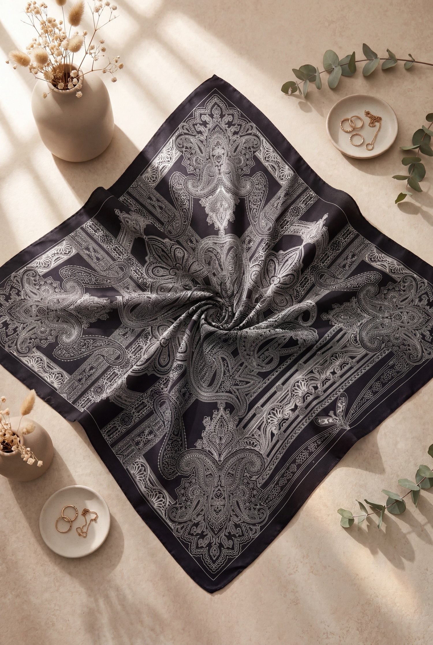 Eskiz Desenli Rayon Eşarp -Koyu Lacivert