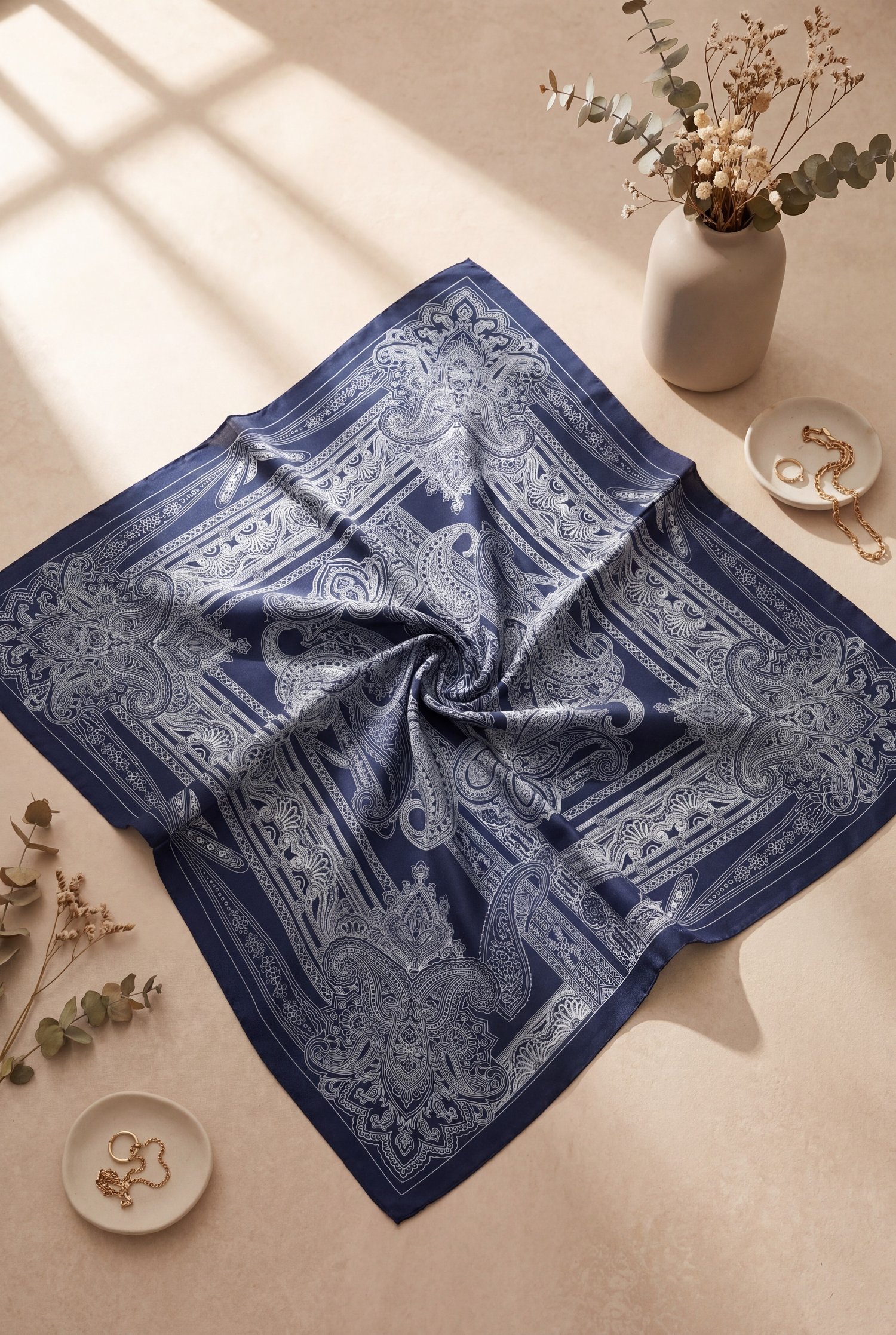 Eskiz Desenli Rayon Eşarp -Lacivert