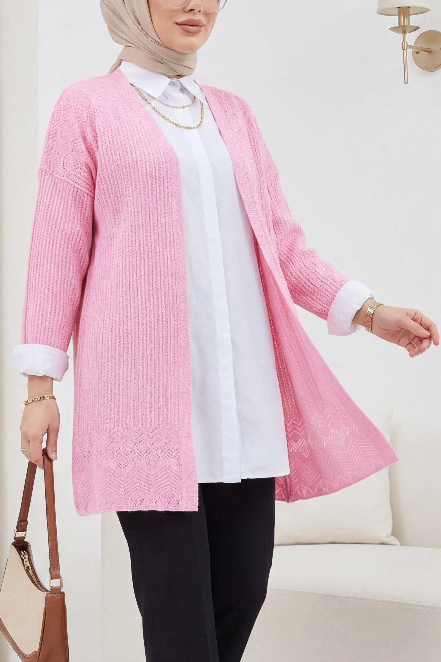 Eteği Desenli Ajurlu Hırka -Pembe