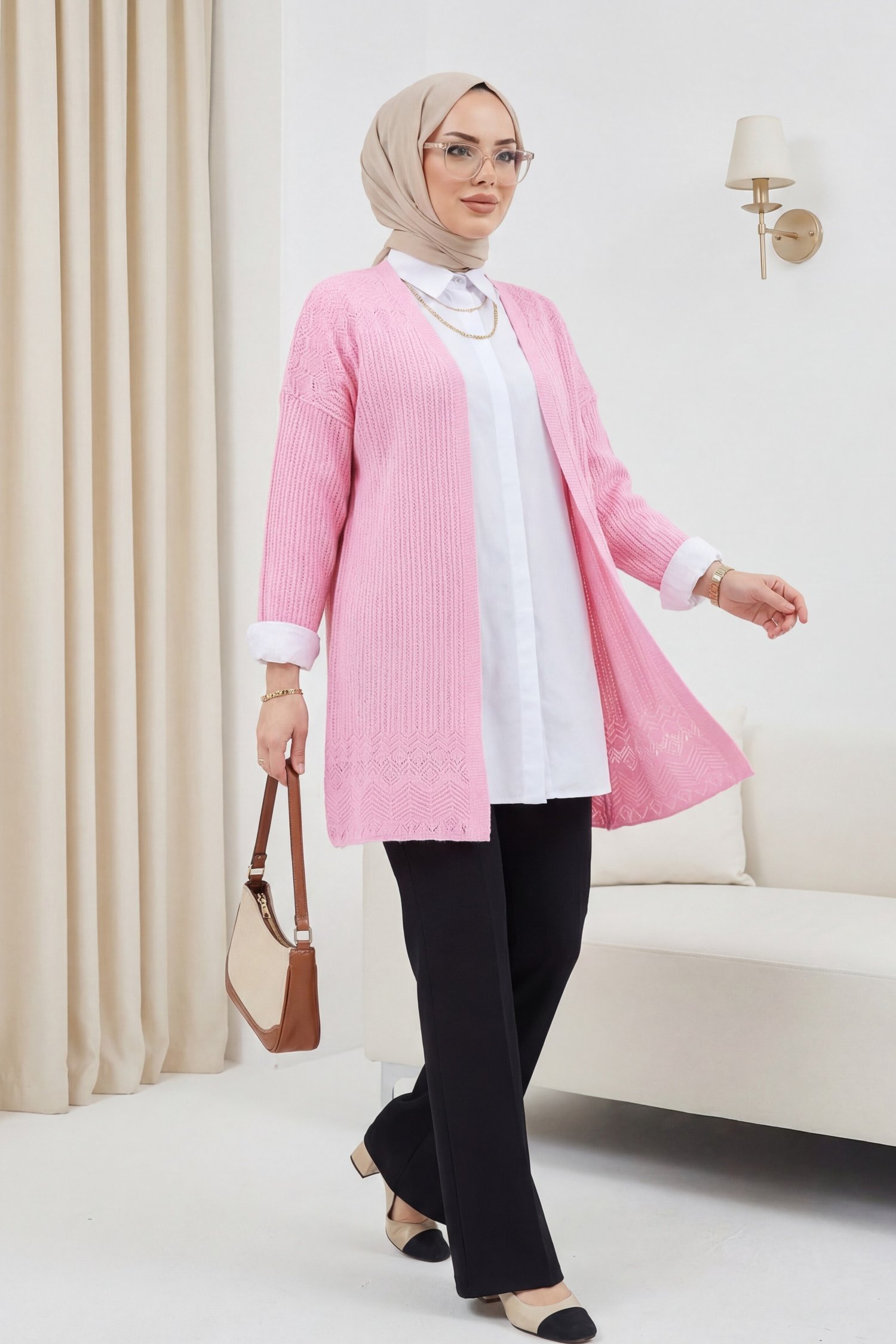 Eteği Desenli Ajurlu Hırka -Pembe
