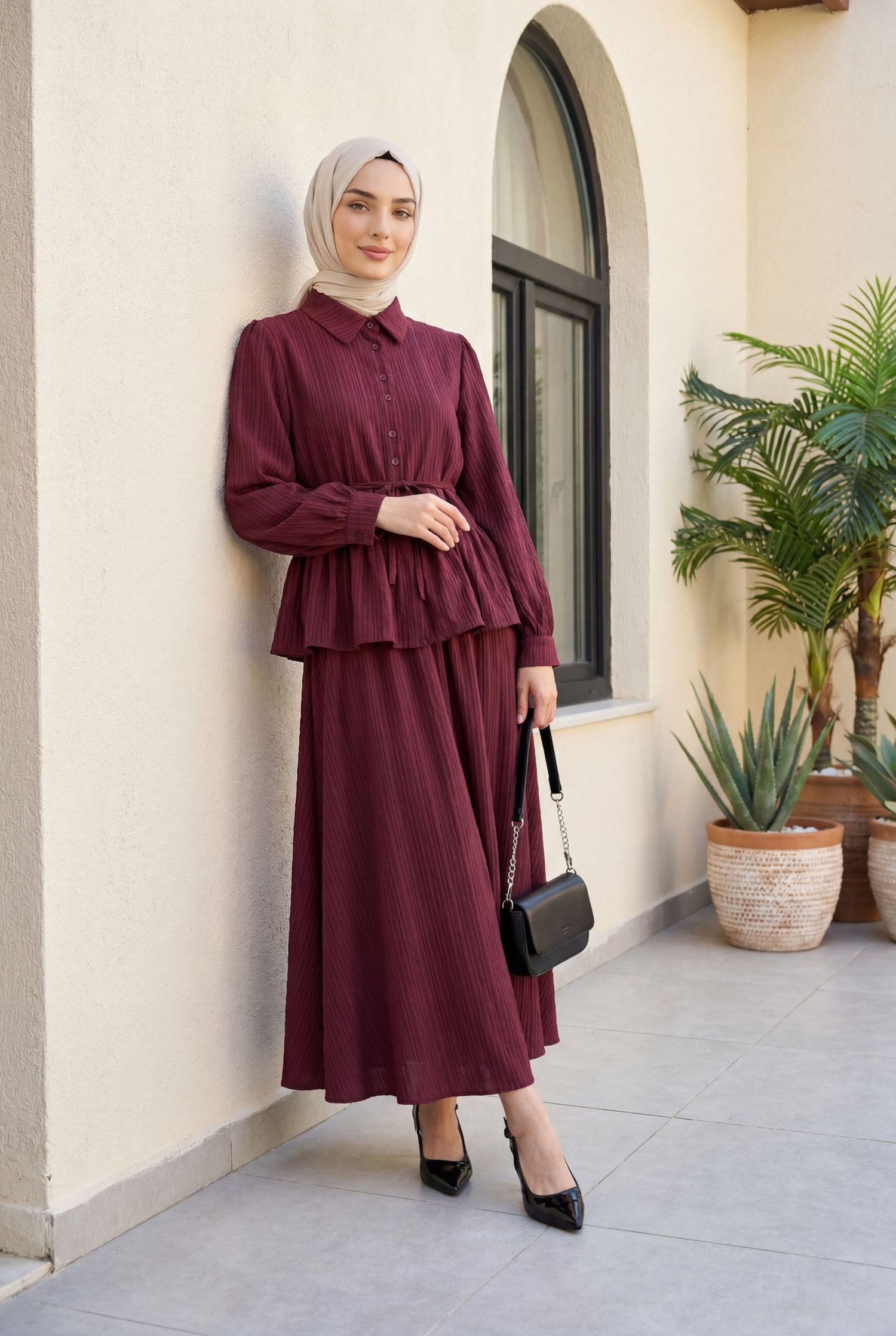 Eteği Fırfırlı Düğmeli Beli Bağcıklı Etekli Takım  -Bordo