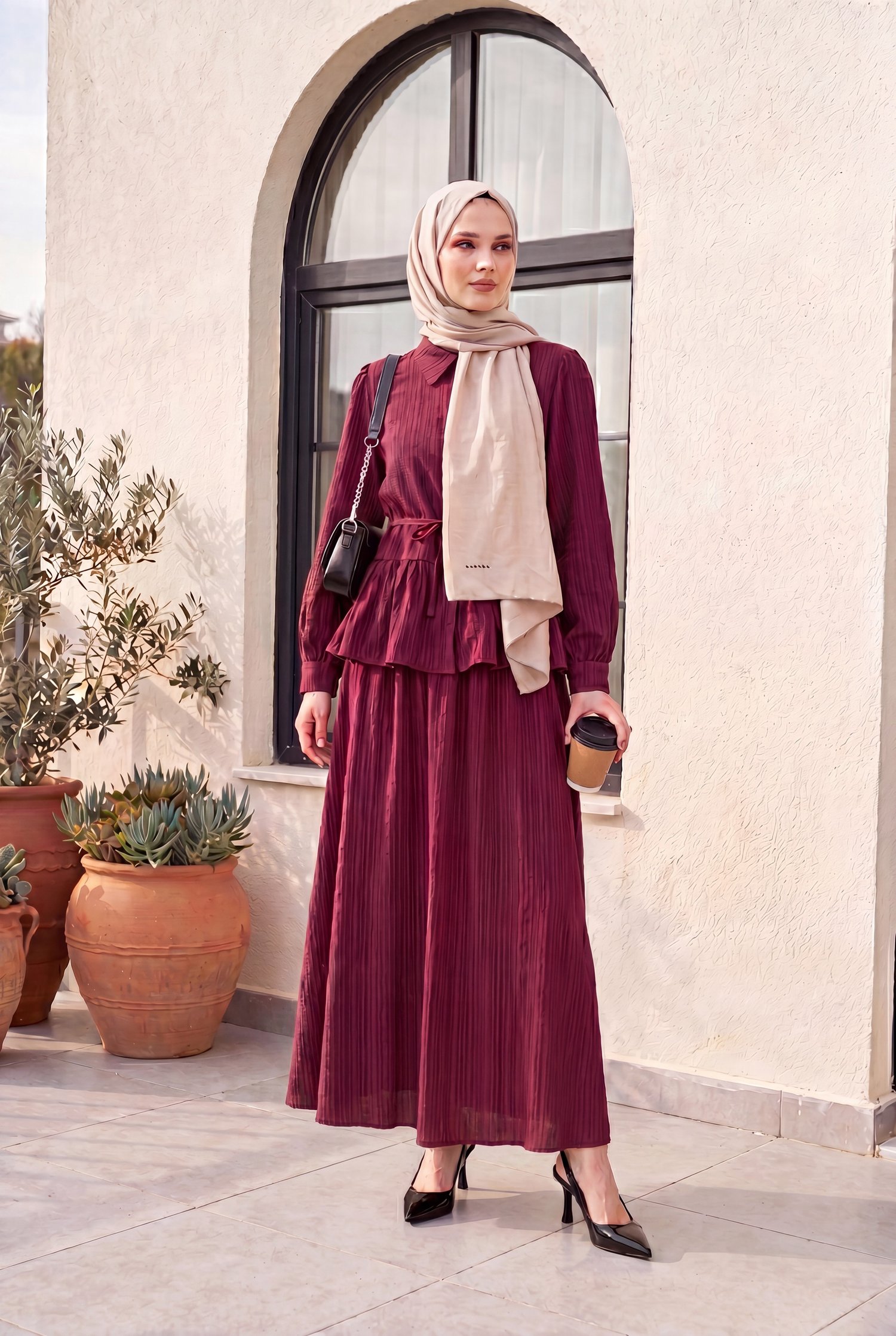 Eteği Fırfırlı Düğmeli Beli Bağcıklı Etekli Takım  -Bordo