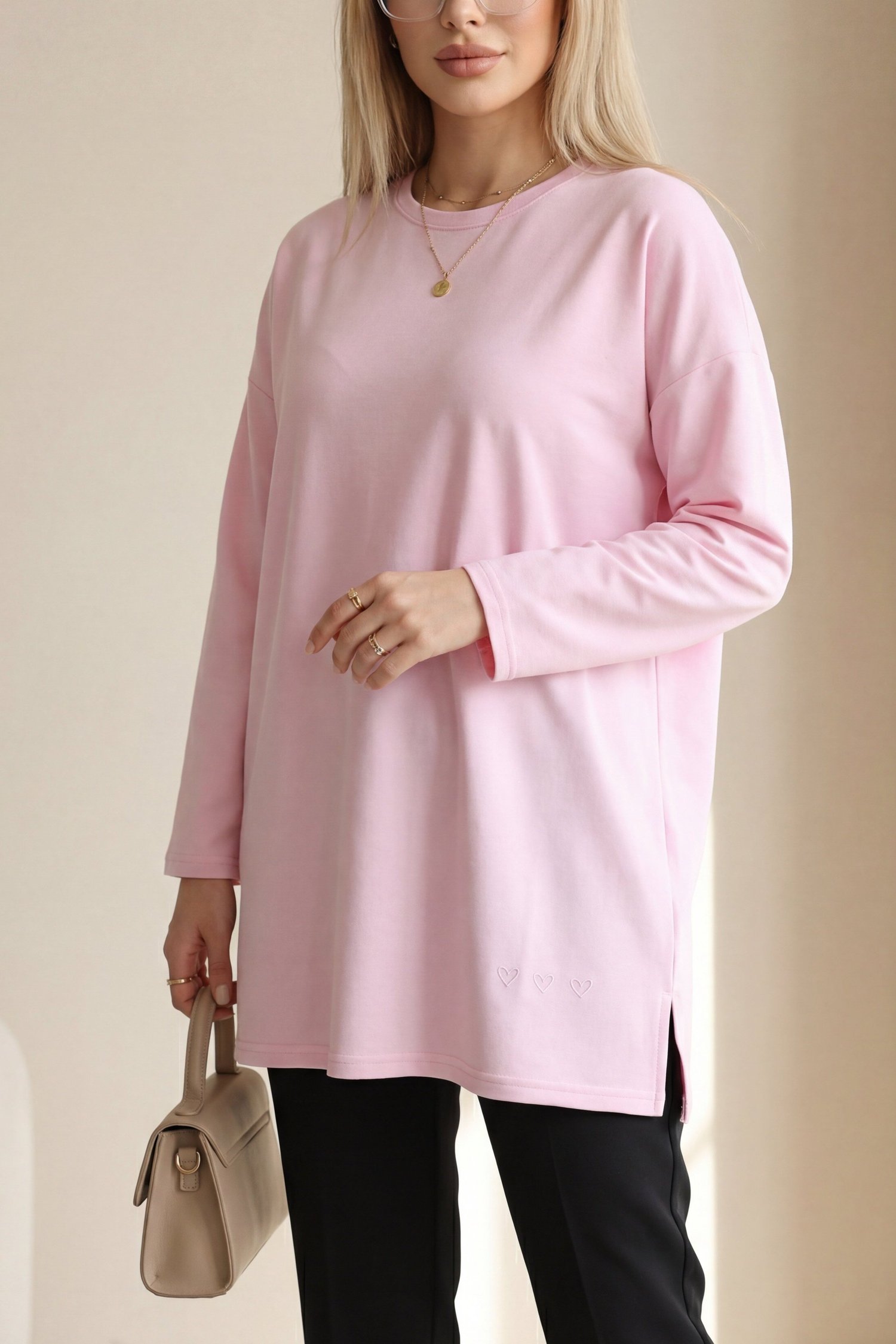 Eteği Kalp Detaylı Yırtmaçlı Salaş Penye Tunik -Pembe