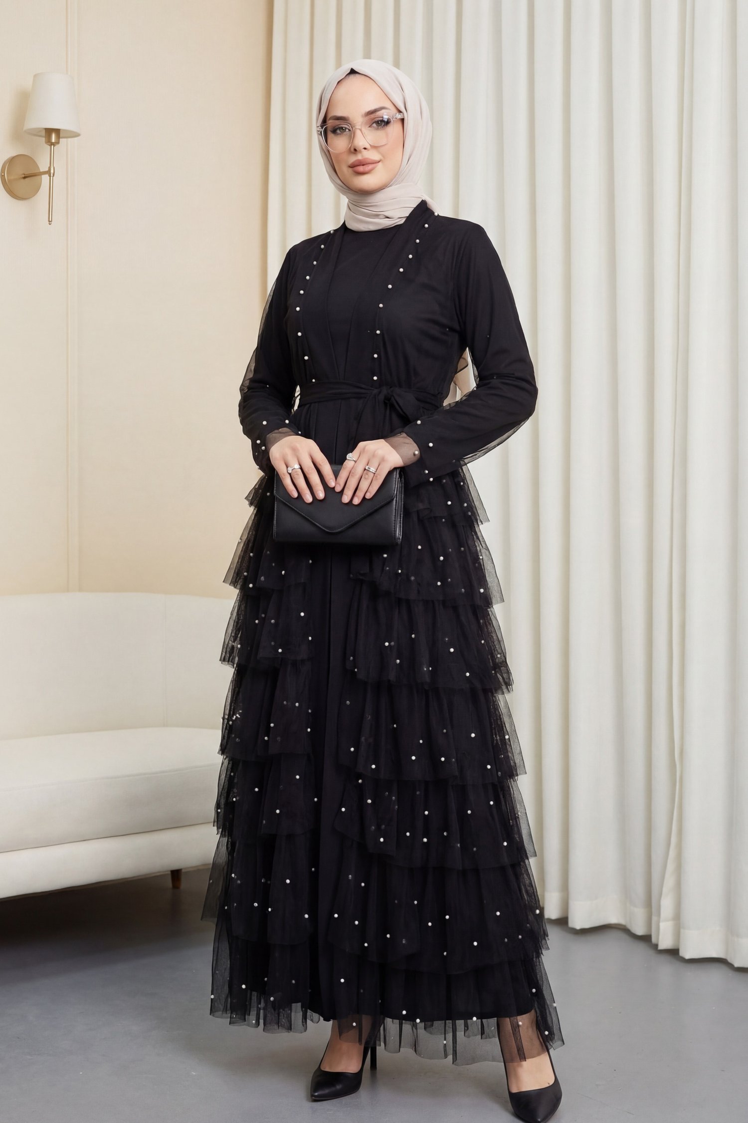 Eteği Katlı Serpme İncili Tül Abaya Takım -Siyah