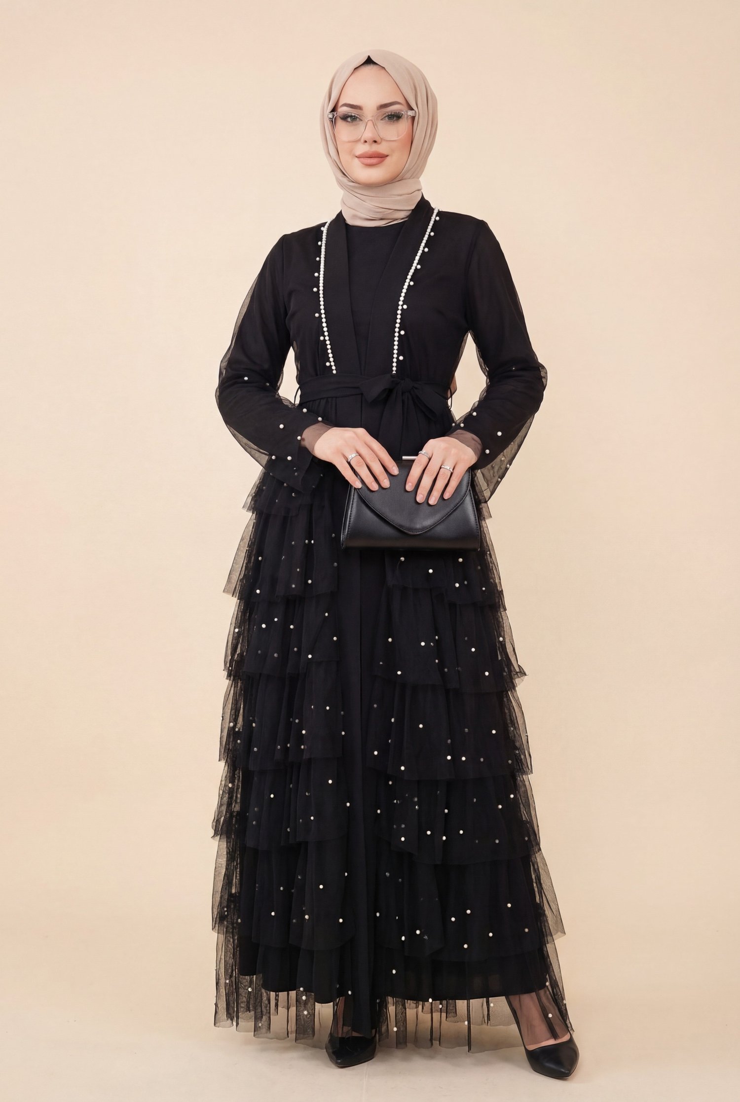 Eteği Katlı Serpme İncili Tül Abaya Takım -Siyah