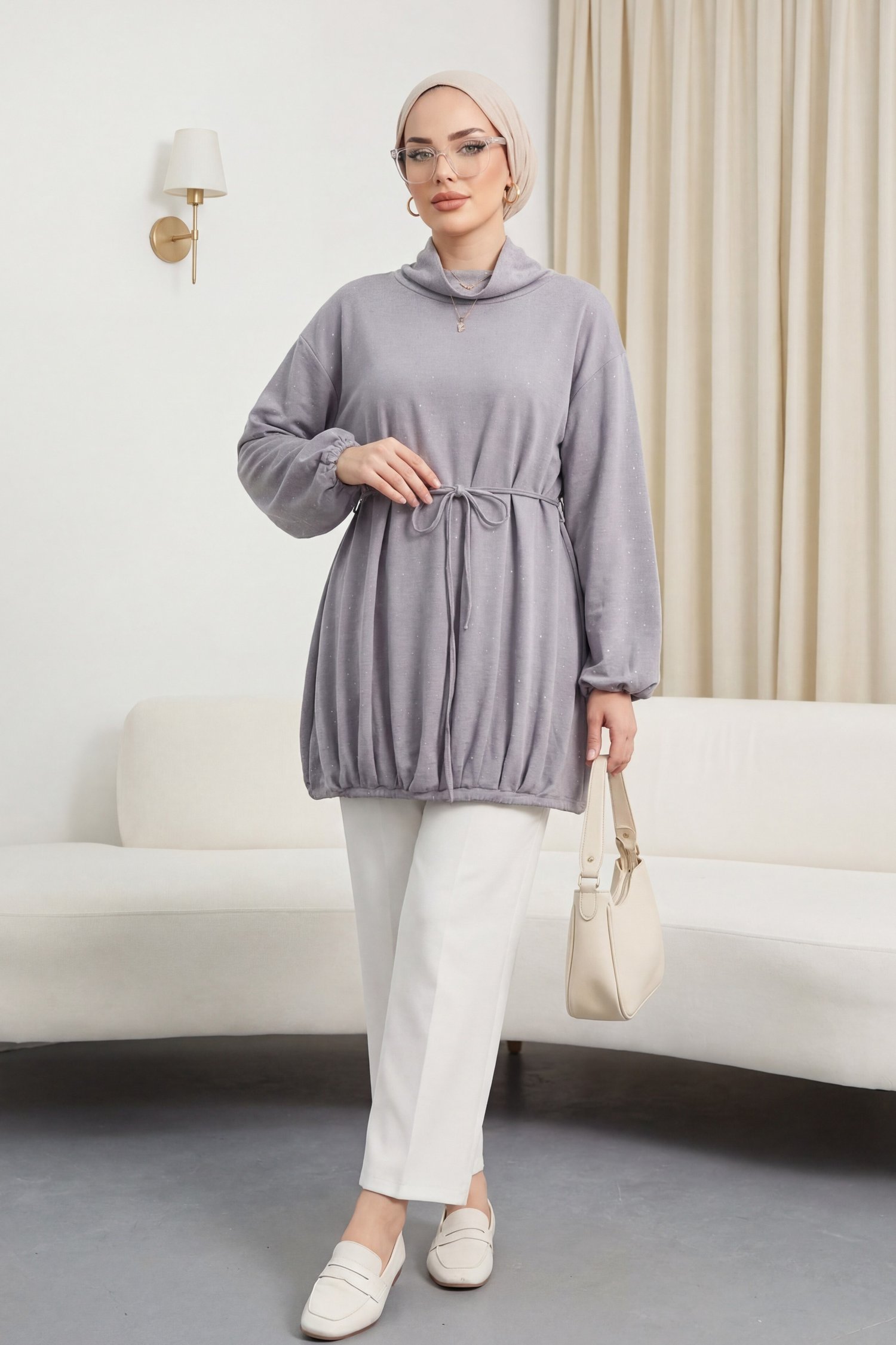 Eteği Lastikli Beli Bağcıklı Yarım Boğazlı Oysho Sweat -Açık Gri