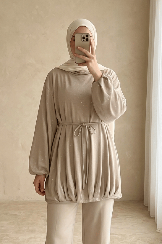 Eteği Lastikli Beli Bağcıklı Yarım Boğazlı Oysho Sweat -Açık Vizon