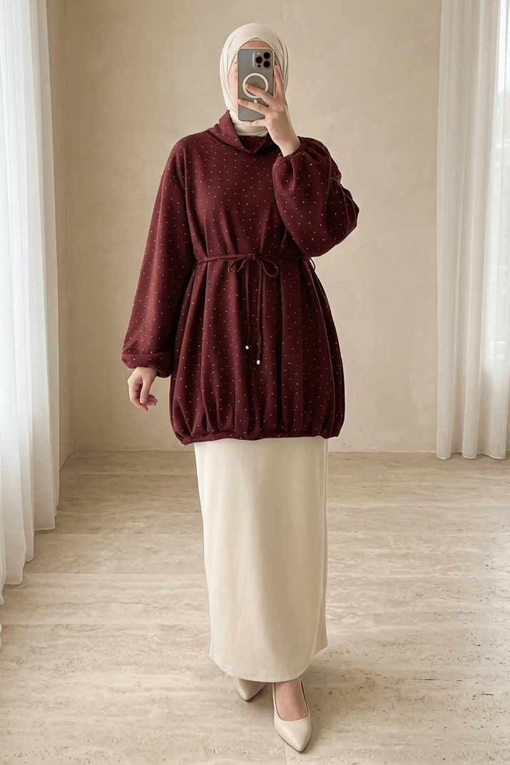 Eteği Lastikli Beli Bağcıklı Yarım Boğazlı Oysho Sweat -Bordo