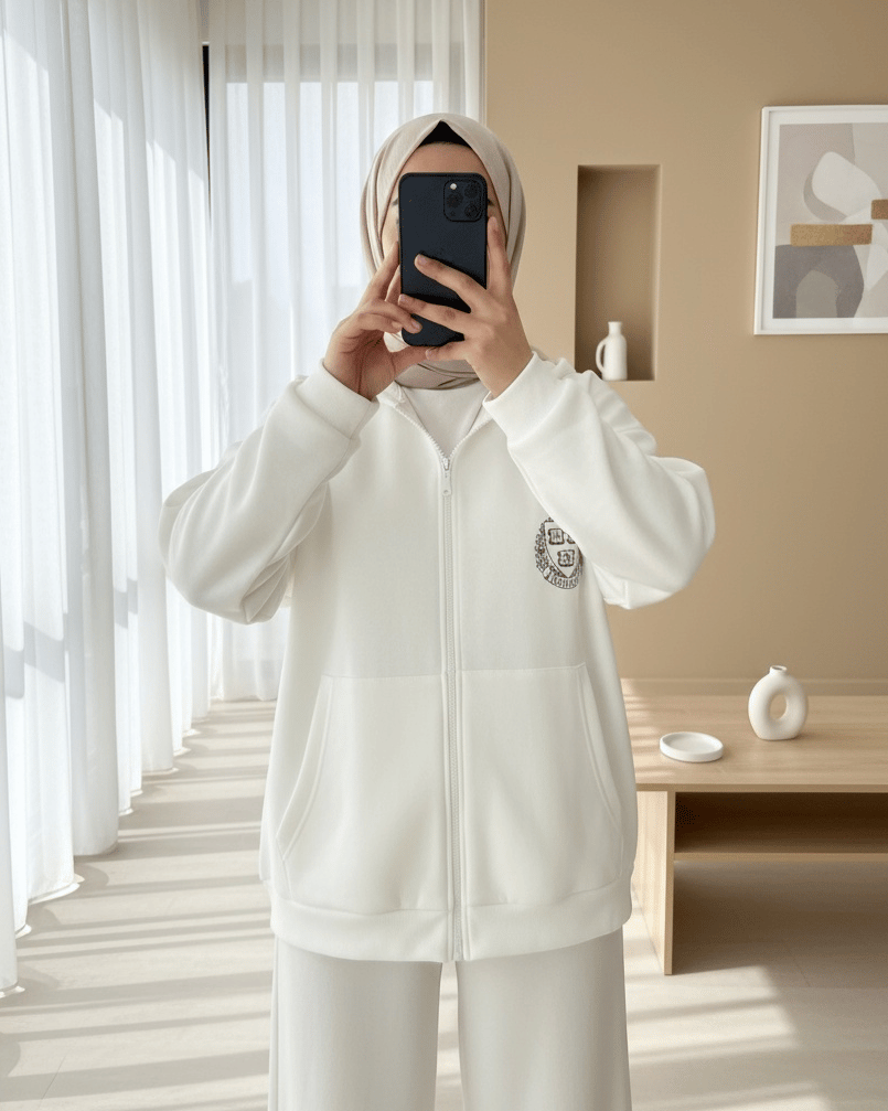 Eteği Lastikli Kapşonlu Yazılı Sweat -Beyaz