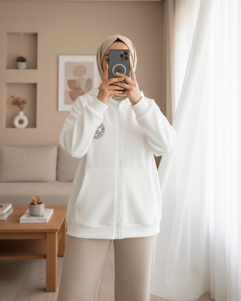 Eteği Lastikli Kapşonlu Yazılı Sweat -Beyaz
