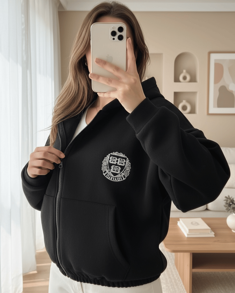 Eteği Lastikli Kapşonlu Yazılı Sweat -Siyah