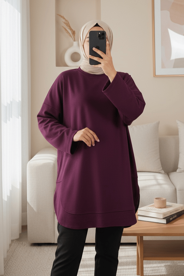 Eteği Oval Kesim Yırtmaçlı Oysho Sweat -Mürdüm
