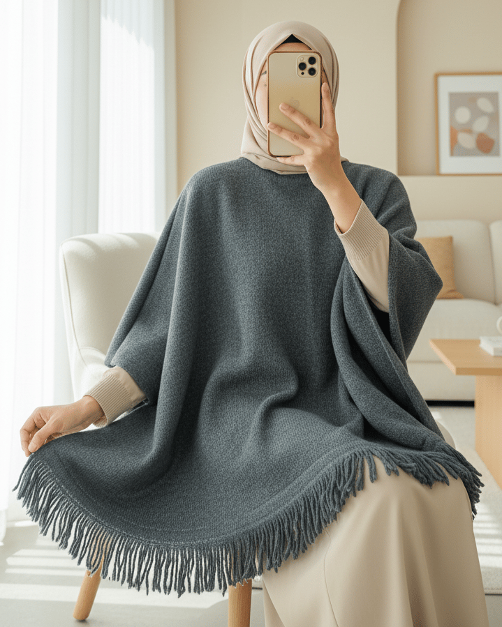 Eteği Püskül Detaylı Triko Panço  -Füme