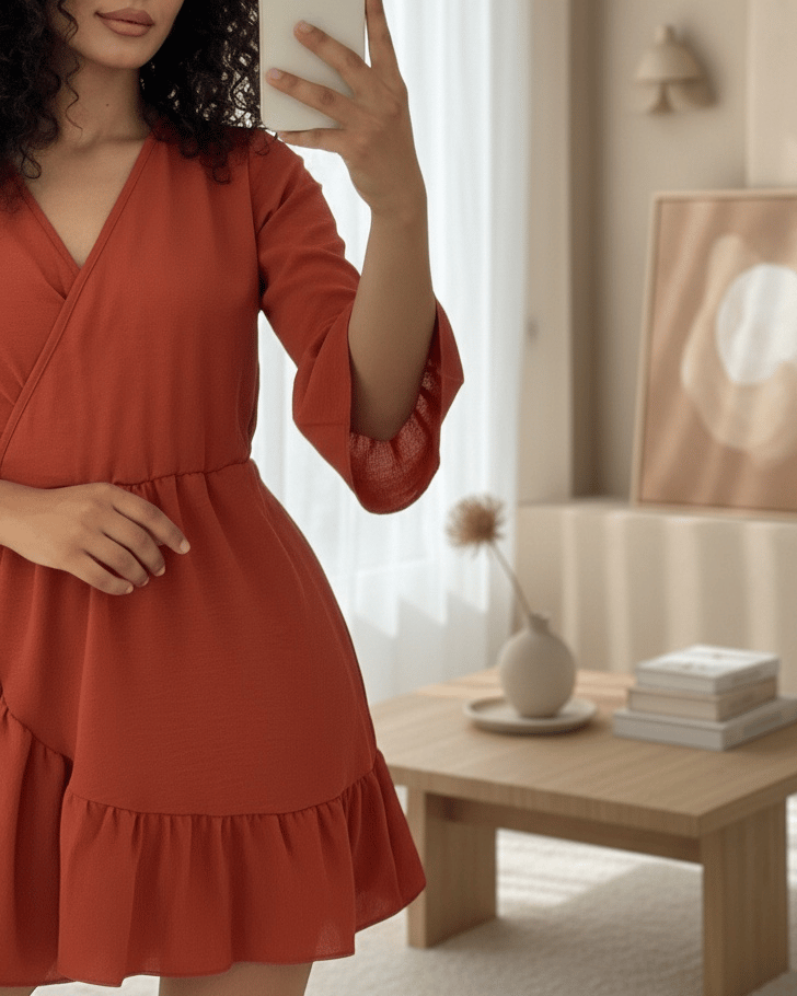Eteği Ve Kolları Fırfırlı Beli Lastikli Ayrobin Elbise  -Kiremit