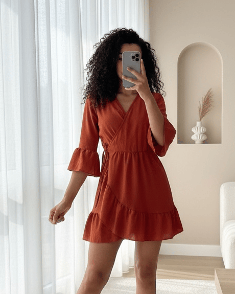 Eteği Ve Kolları Fırfırlı Beli Lastikli Ayrobin Elbise  -Kiremit