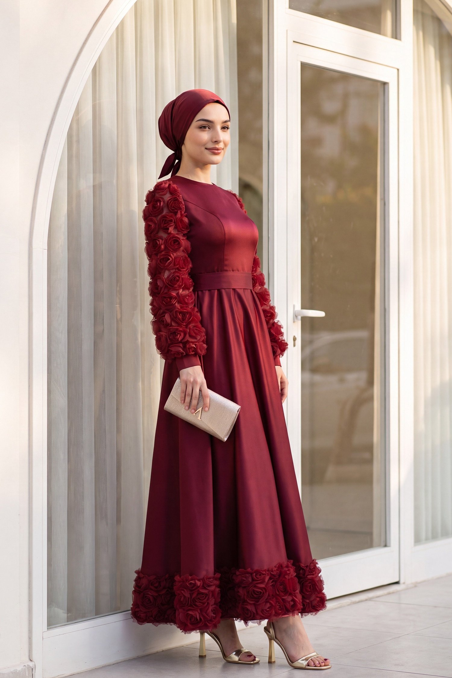 Eteği Ve Kolları Gül Detaylı Saten Abiye  -Bordo