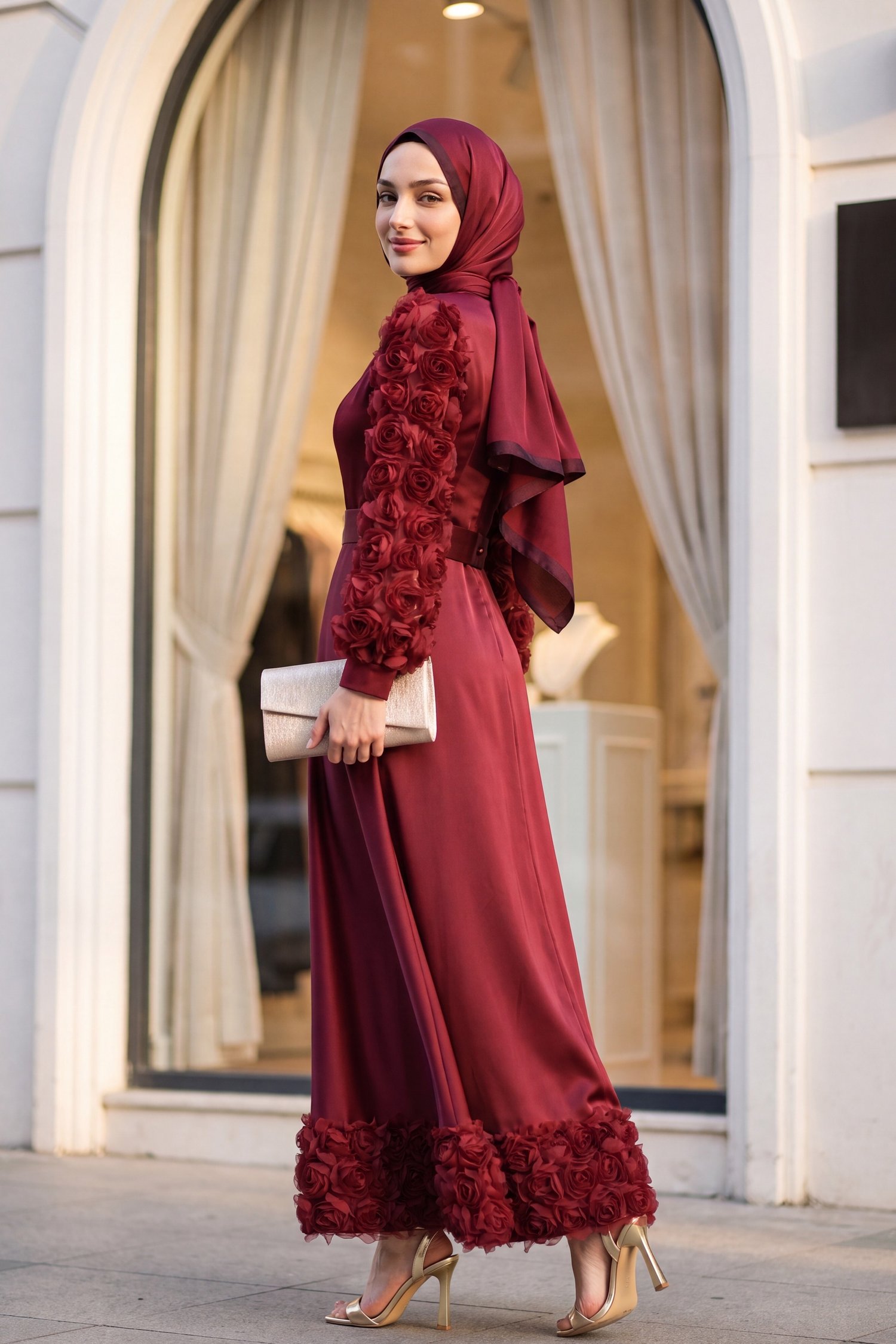 Eteği Ve Kolları Gül Detaylı Saten Abiye  -Bordo
