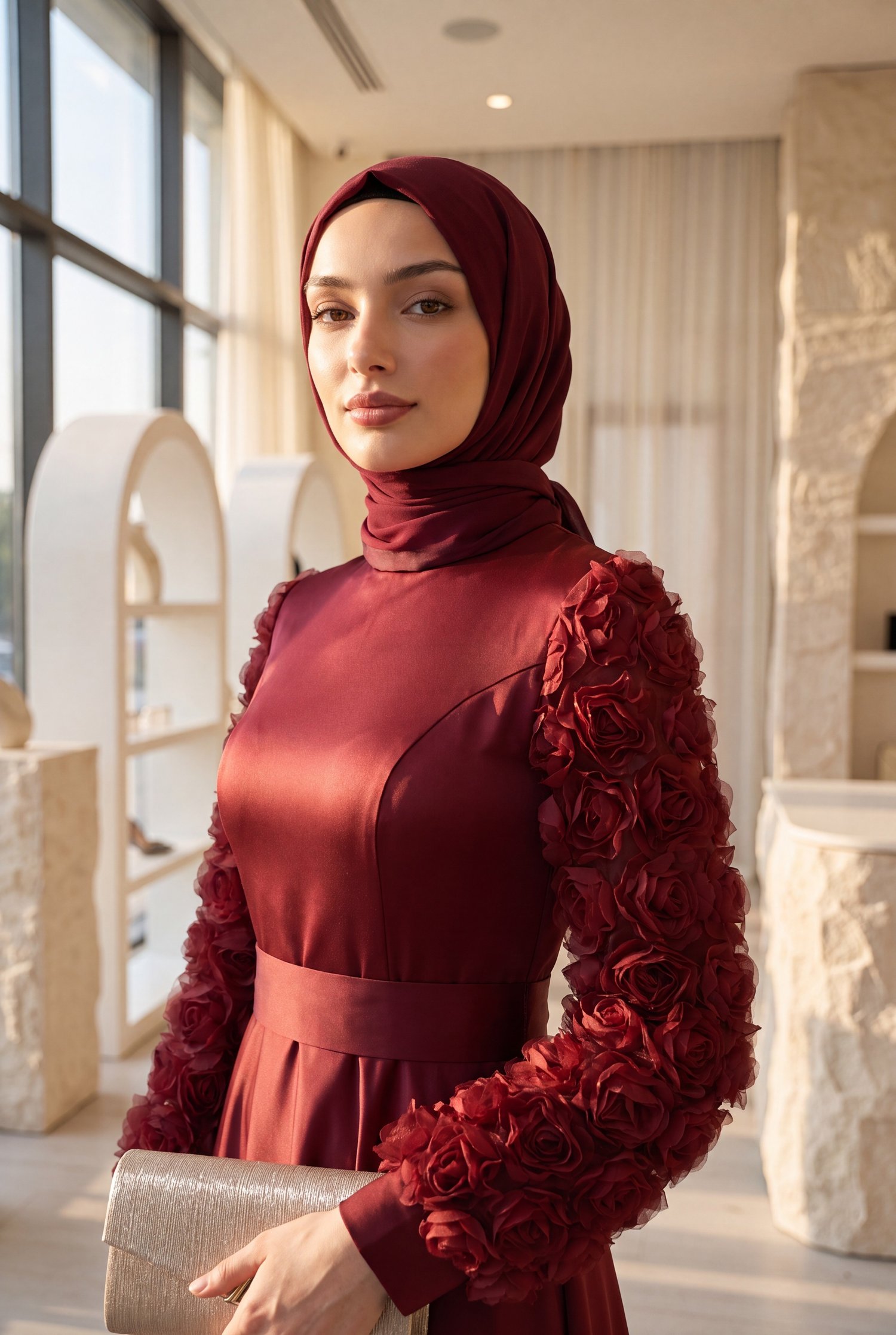 Eteği Ve Kolları Gül Detaylı Saten Abiye  -Bordo