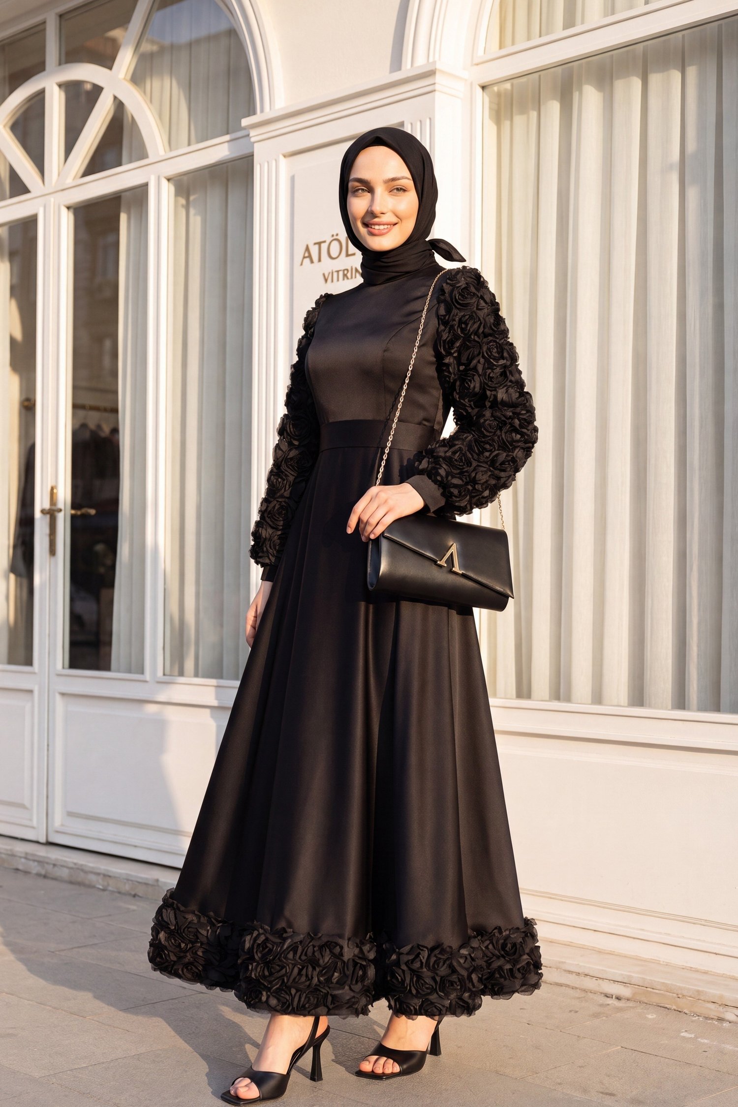 Eteği Ve Kolları Gül Detaylı Saten Abiye -Siyah