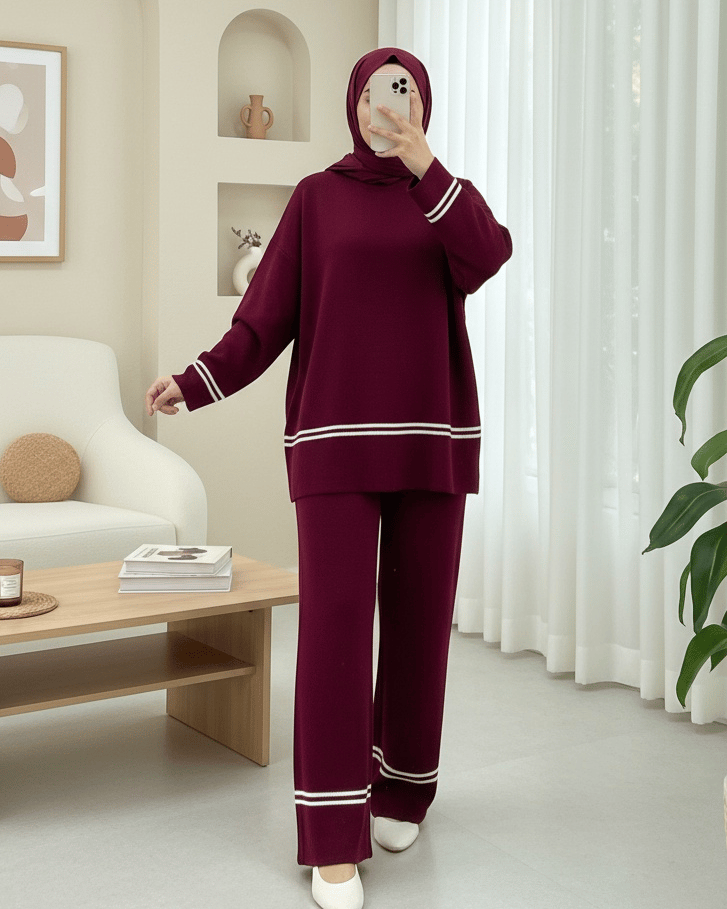 Eteği Ve Kolu Çizgili Triko Takım -Bordo