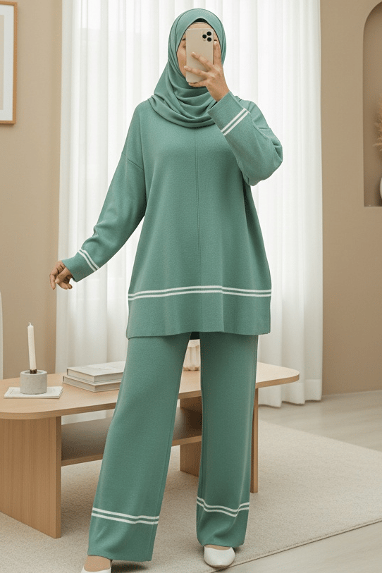 Eteği Ve Kolu Çizgili Triko Takım -Mint