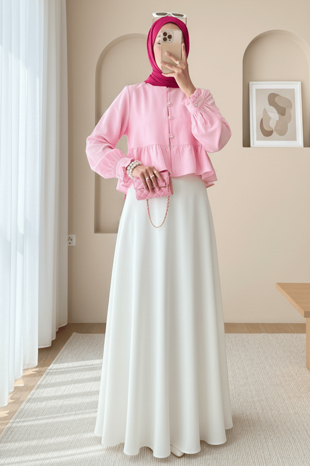 Eteği Ve Kolu Fırfırlı Taşlı Düğmeli Modal Kumaş Gömlek  -Pembe