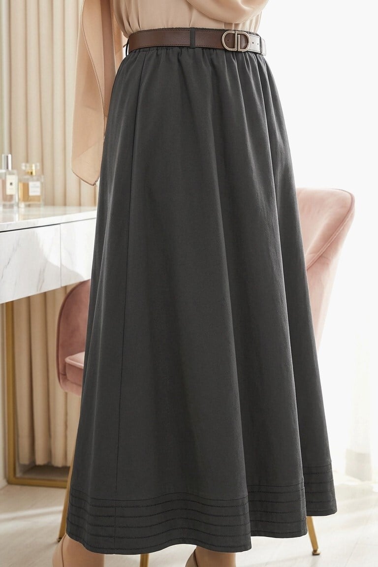 Etek Ucu Dikiş Detaylı Beli Lastikli Astarlı İthal Soft Gabardin Etek -Siyah