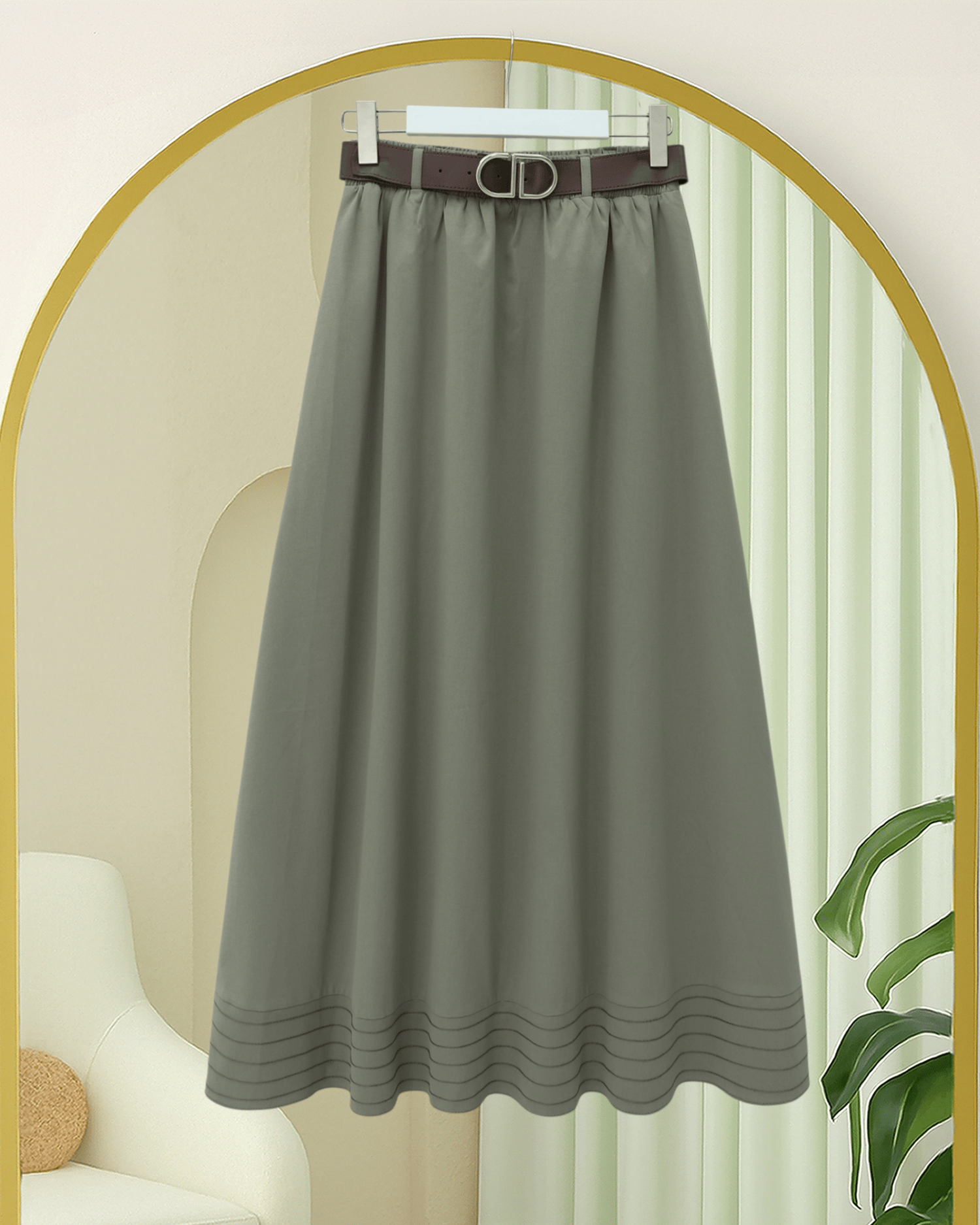 Etek Ucu Dikiş Detaylı Beli Lastikli Astarlı İthal Soft Gabardin Etek -Çağla Y.