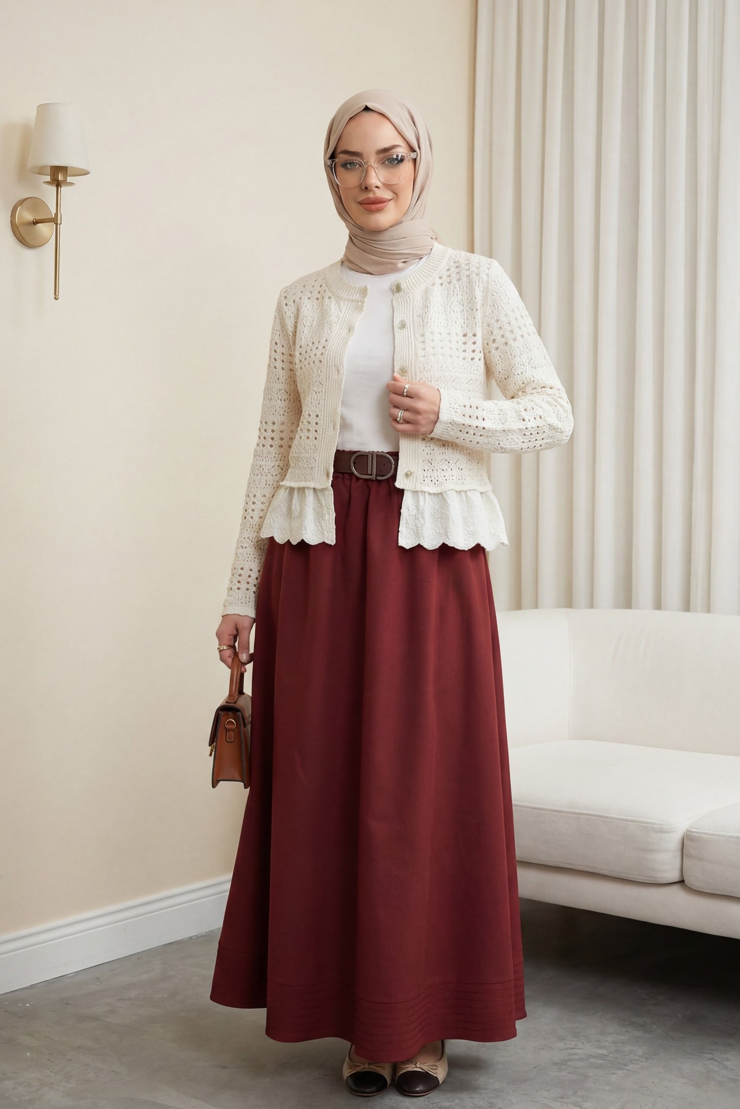 Etek Ucu Dikiş Detaylı Beli Lastikli Astarlı İthal Soft Gabardin Etek  -Bordo
