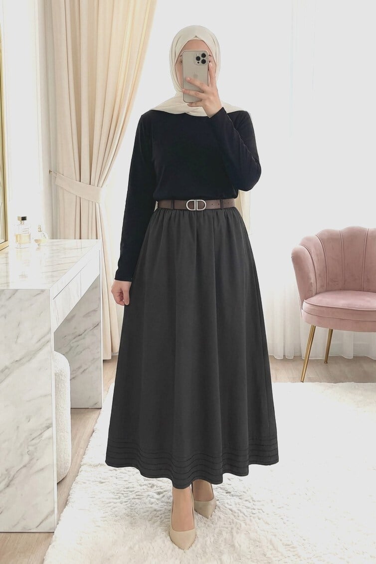 Etek Ucu Dikiş Detaylı Beli Lastikli Astarlı İthal Soft Gabardin Etek -Siyah