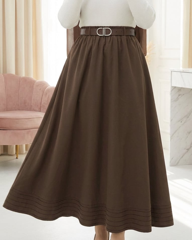 Etek Ucu Dikiş Detaylı Beli Lastikli Astarlı İthal Soft Gabardin Etek -Kahve