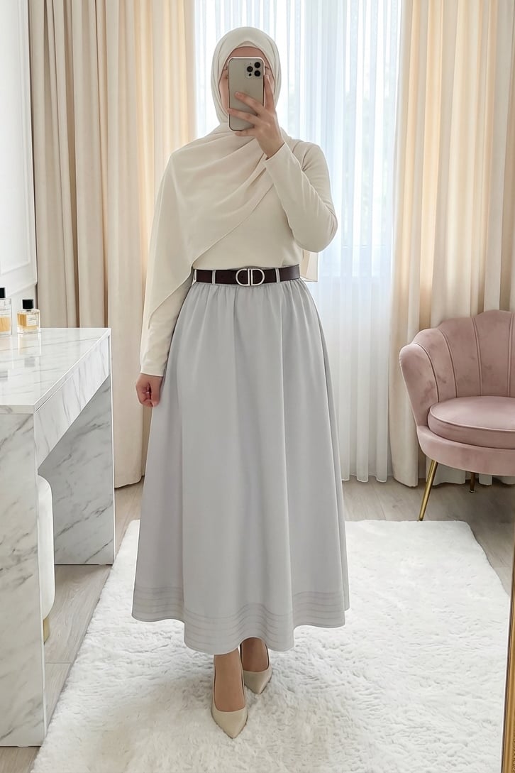 Etek Ucu Dikiş Detaylı Beli Lastikli Astarlı İthal Soft Gabardin Etek -Taş