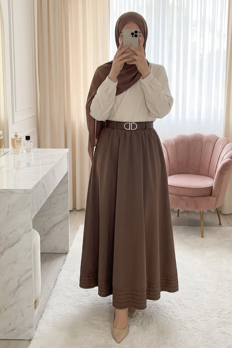 Etek Ucu Dikiş Detaylı Beli Lastikli Astarlı İthal Soft Gabardin Etek -Kahve
