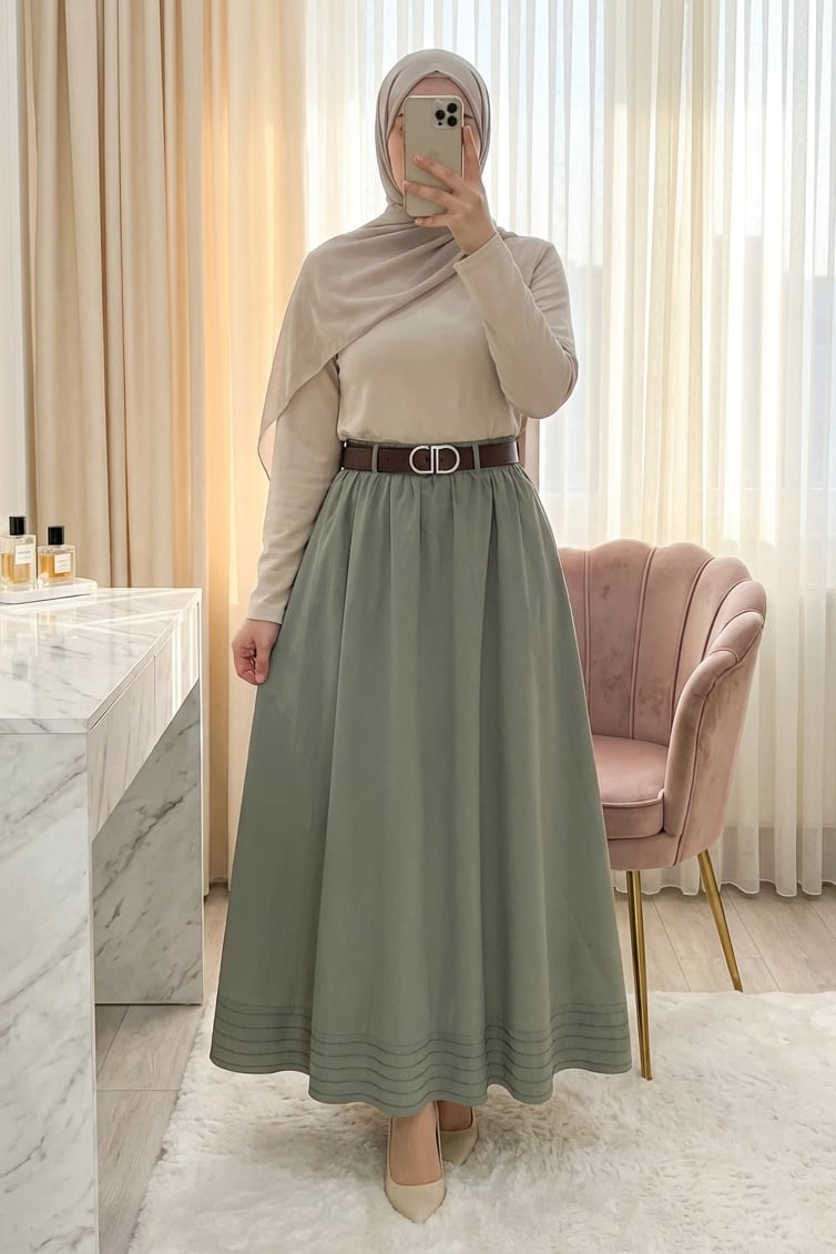 Etek Ucu Dikiş Detaylı Beli Lastikli Astarlı İthal Soft Gabardin Etek -Çağla Y.