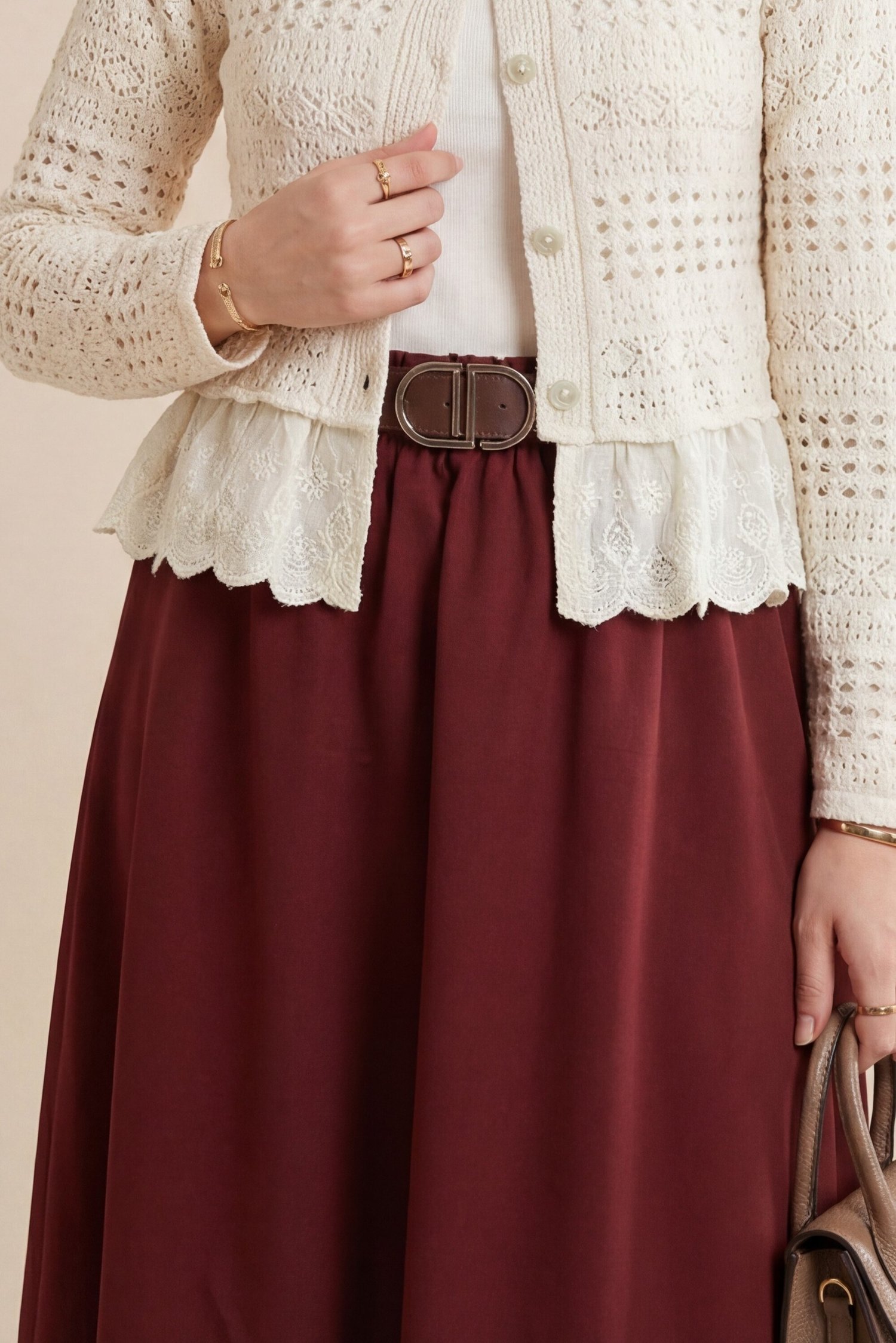 Etek Ucu Dikiş Detaylı Beli Lastikli Astarlı İthal Soft Gabardin Etek  -Bordo