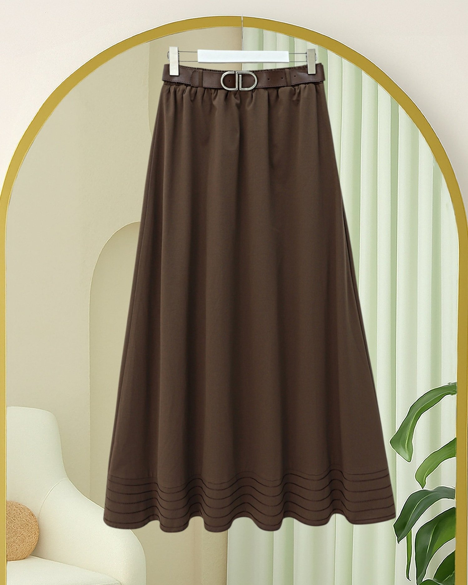 Etek Ucu Dikiş Detaylı Beli Lastikli Astarlı İthal Soft Gabardin Etek -Kahve