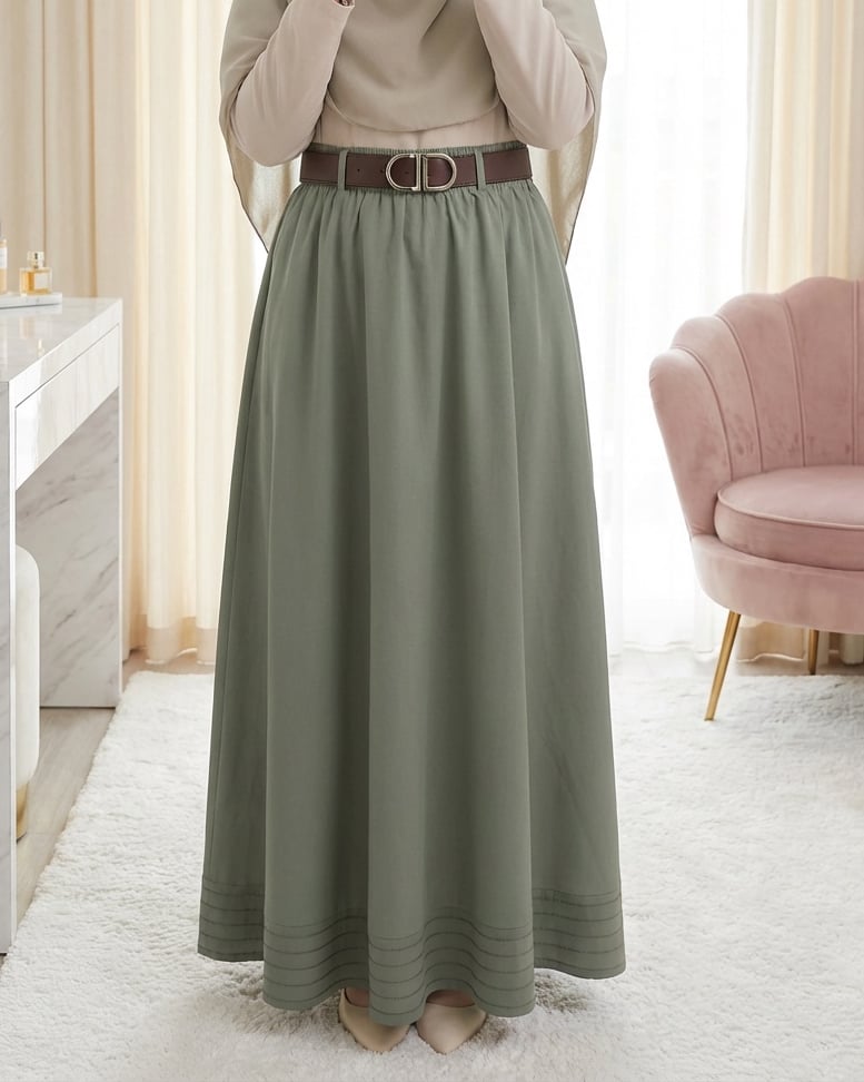 Etek Ucu Dikiş Detaylı Beli Lastikli Astarlı İthal Soft Gabardin Etek -Çağla Y.