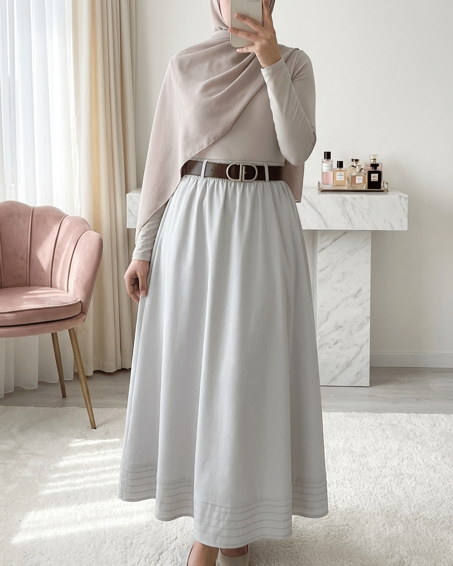 Etek Ucu Dikiş Detaylı Beli Lastikli Astarlı İthal Soft Gabardin Etek -Taş