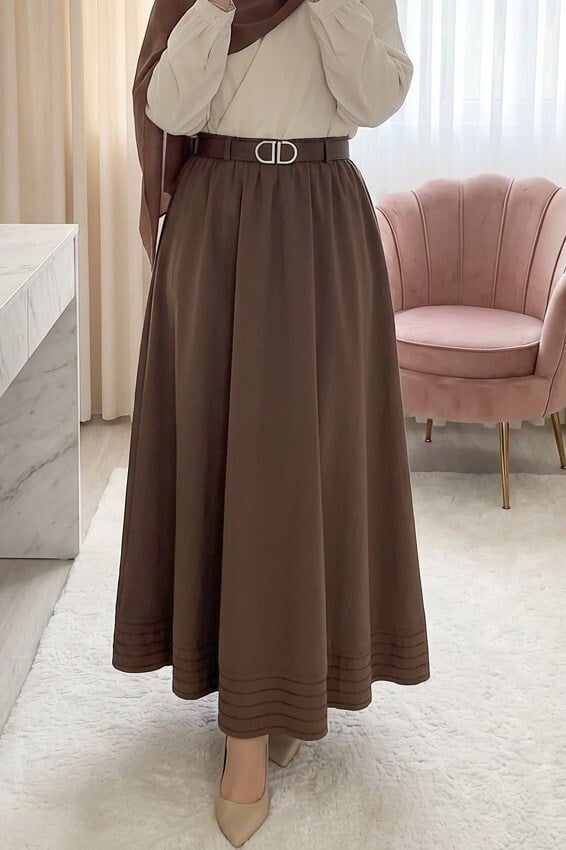 Etek Ucu Dikiş Detaylı Beli Lastikli Astarlı İthal Soft Gabardin Etek -Kahve