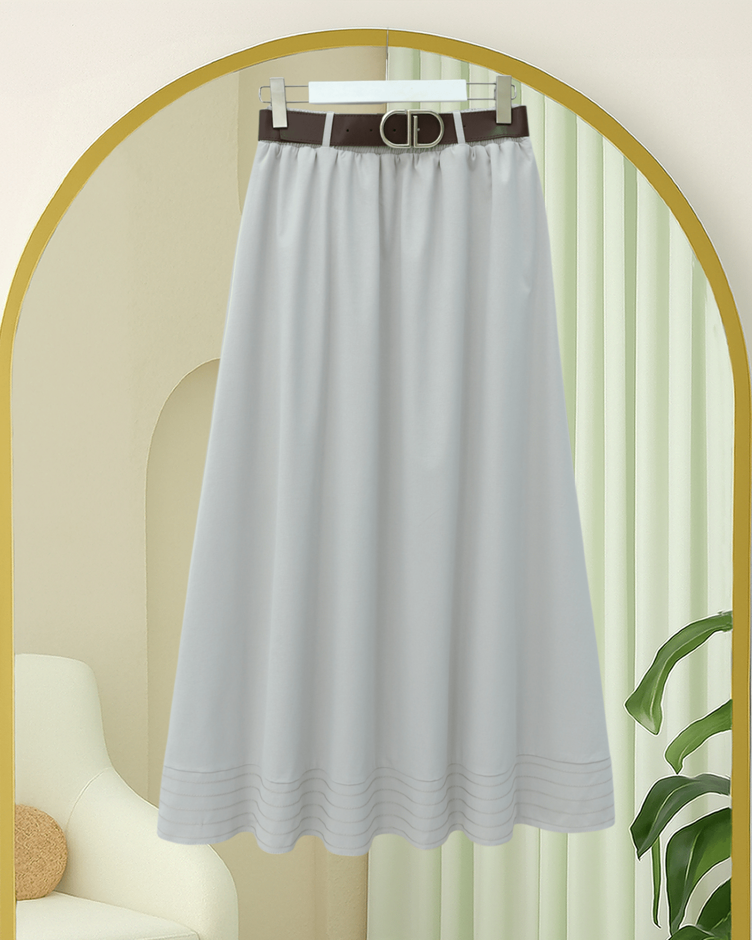 Etek Ucu Dikiş Detaylı Beli Lastikli Astarlı İthal Soft Gabardin Etek -Taş
