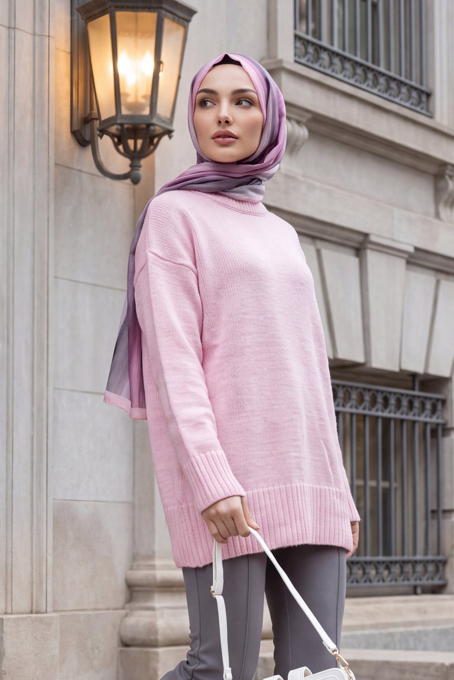 Etek Ucu Ve Kolu Fitilli Salaş Triko Tunik -Pembe
