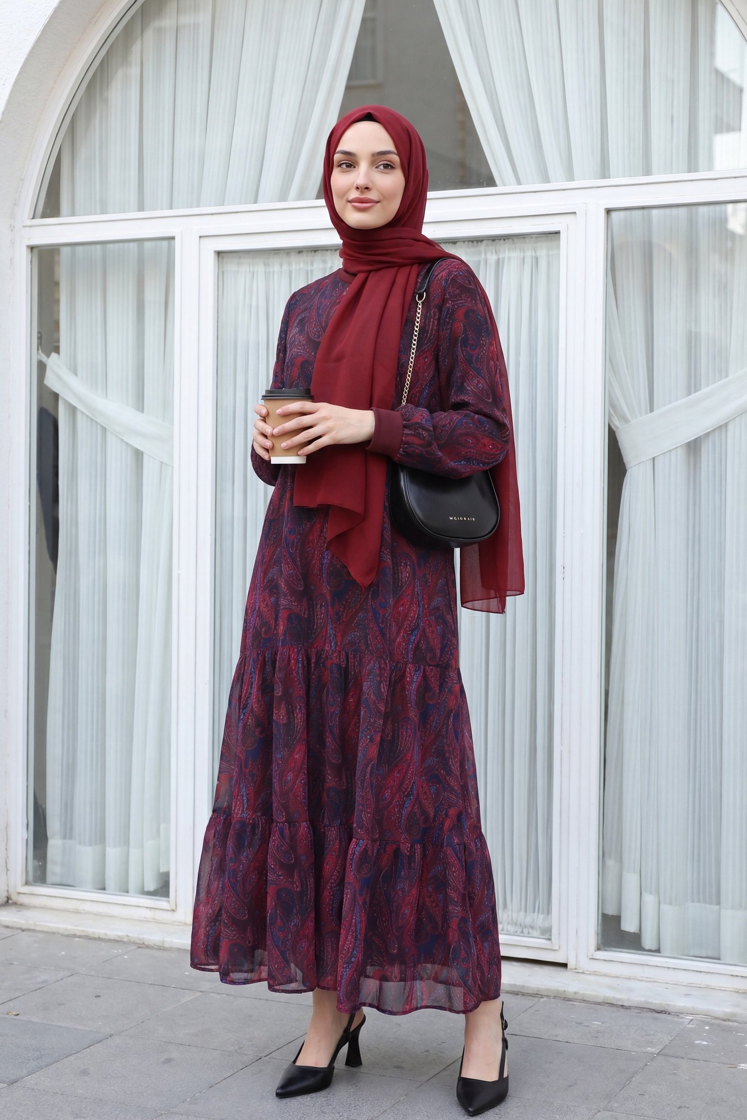 Etnik Desen Eteği Parçalı Astarlı Şifon Elbise   -Bordo
