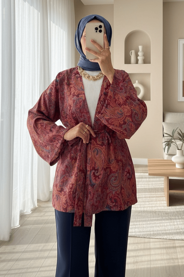 Etnik Desenli Bağcıklı Kimono -Bordo