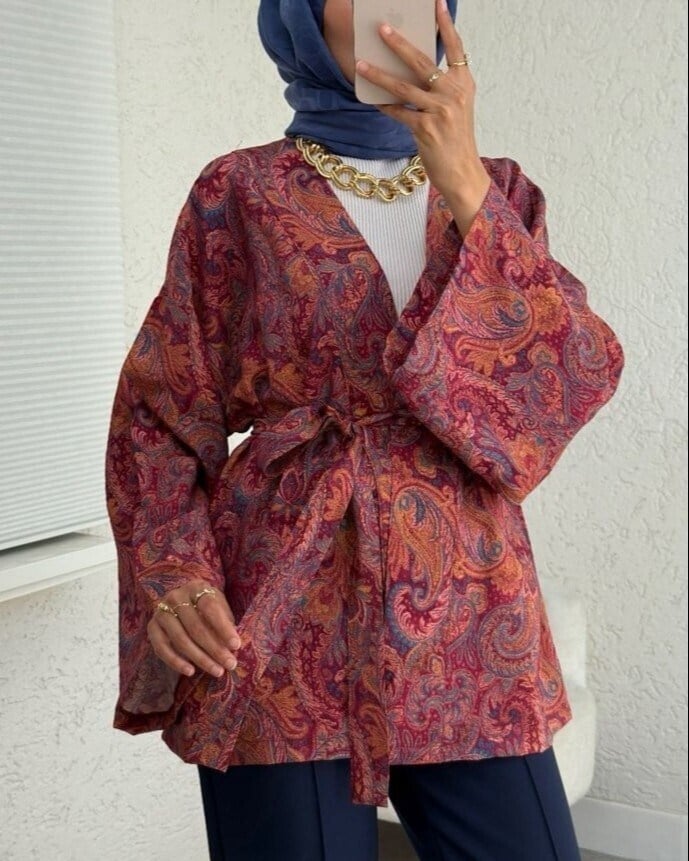 Etnik Desenli Bağcıklı Kimono -Bordo