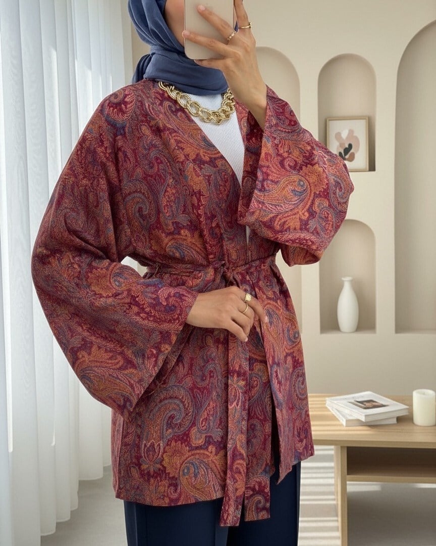 Etnik Desenli Bağcıklı Kimono -Bordo