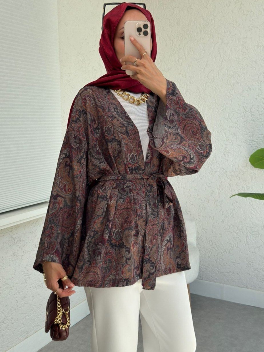 Etnik Desenli Bağcıklı Kimono -Kahve